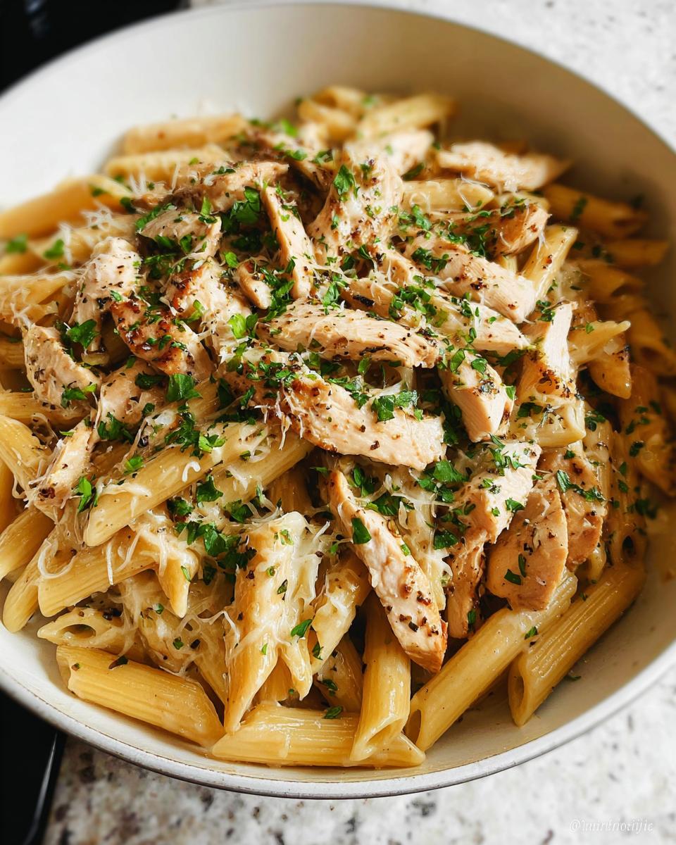 A close-up of a bowl filled with creamy garlic chicken pasta, topped with sliced chicken breast and fresh parsley.