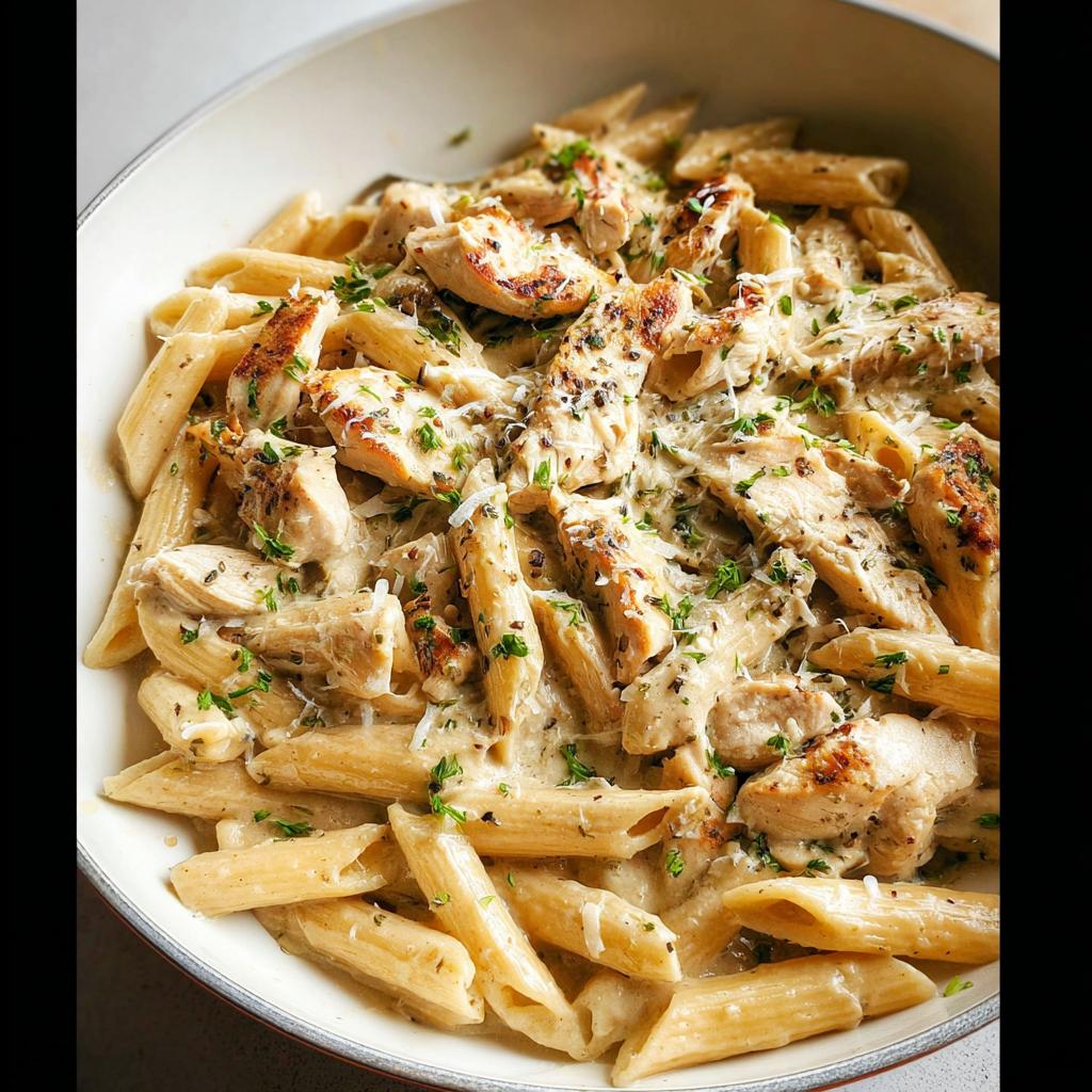 A close-up of a bowl filled with Creamy Garlic Chicken Pasta, featuring penne pasta, tender chicken pieces, and a rich sauce, garnished with parsley and cheese.