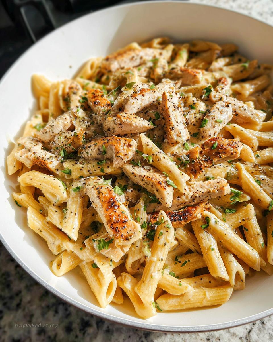 A close-up of a bowl of Creamy Garlic Chicken Pasta, featuring penne pasta coated in a rich sauce with sliced grilled chicken and parsley.