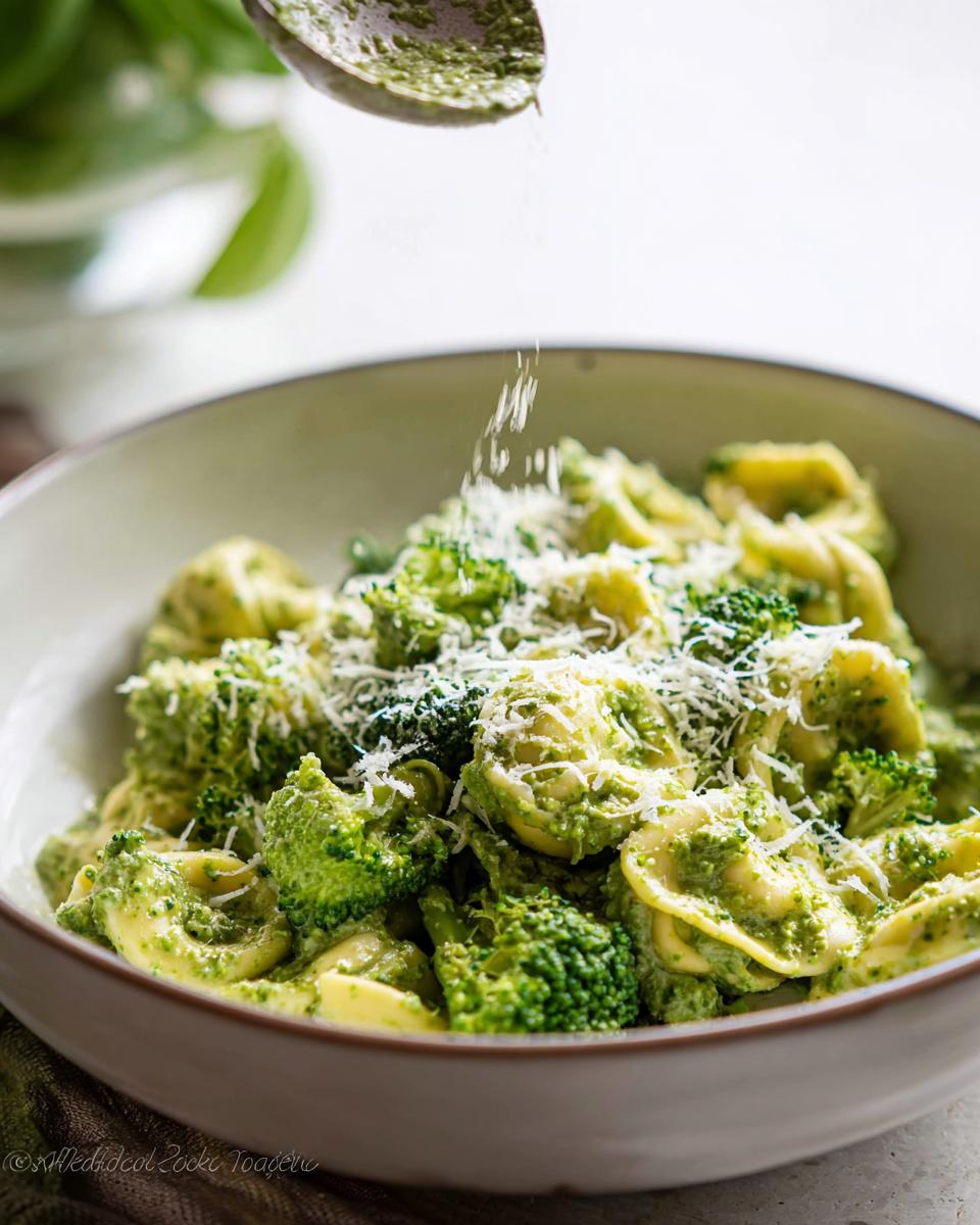 Bowl of Creamy Pesto Tortellini with broccoli, topped with grated cheese and pesto being drizzled.
