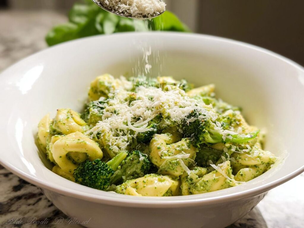 Bowl of Creamy Pesto Tortellini with spinach and broccoli, topped with freshly grated Parmesan cheese.