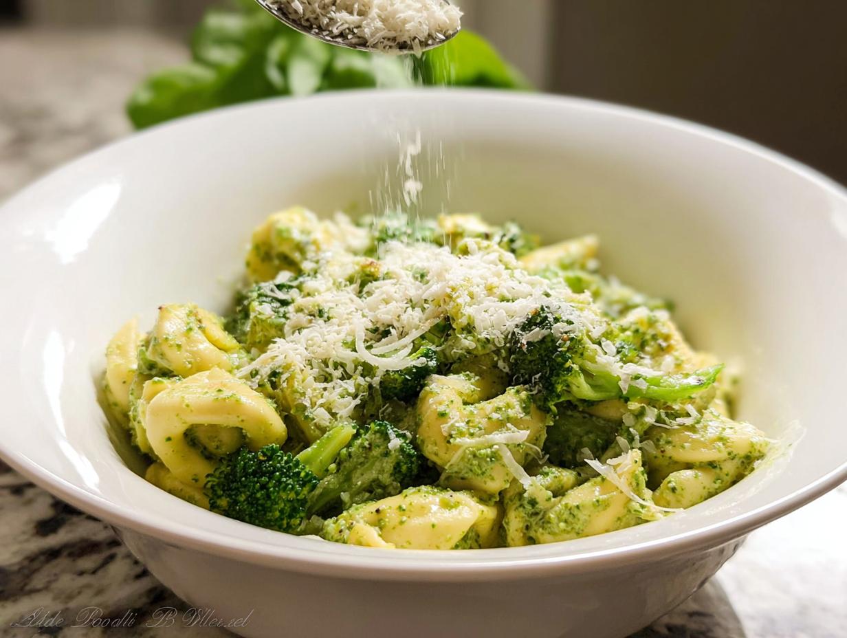 Bowl of Creamy Pesto Tortellini with spinach and broccoli, topped with freshly grated Parmesan cheese.