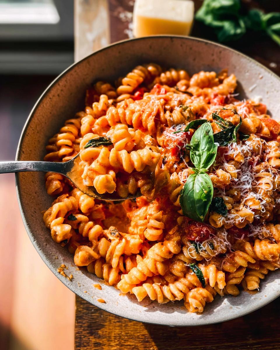 Close-up of a bowl of Creamy Tomato Basil Pasta with fusilli noodles, garnished with fresh basil and grated cheese.