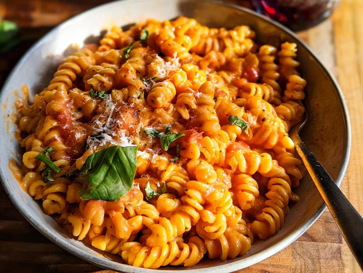 A close-up of a bowl of Creamy Tomato Basil Pasta made with fusilli, garnished with fresh basil and Parmesan cheese.