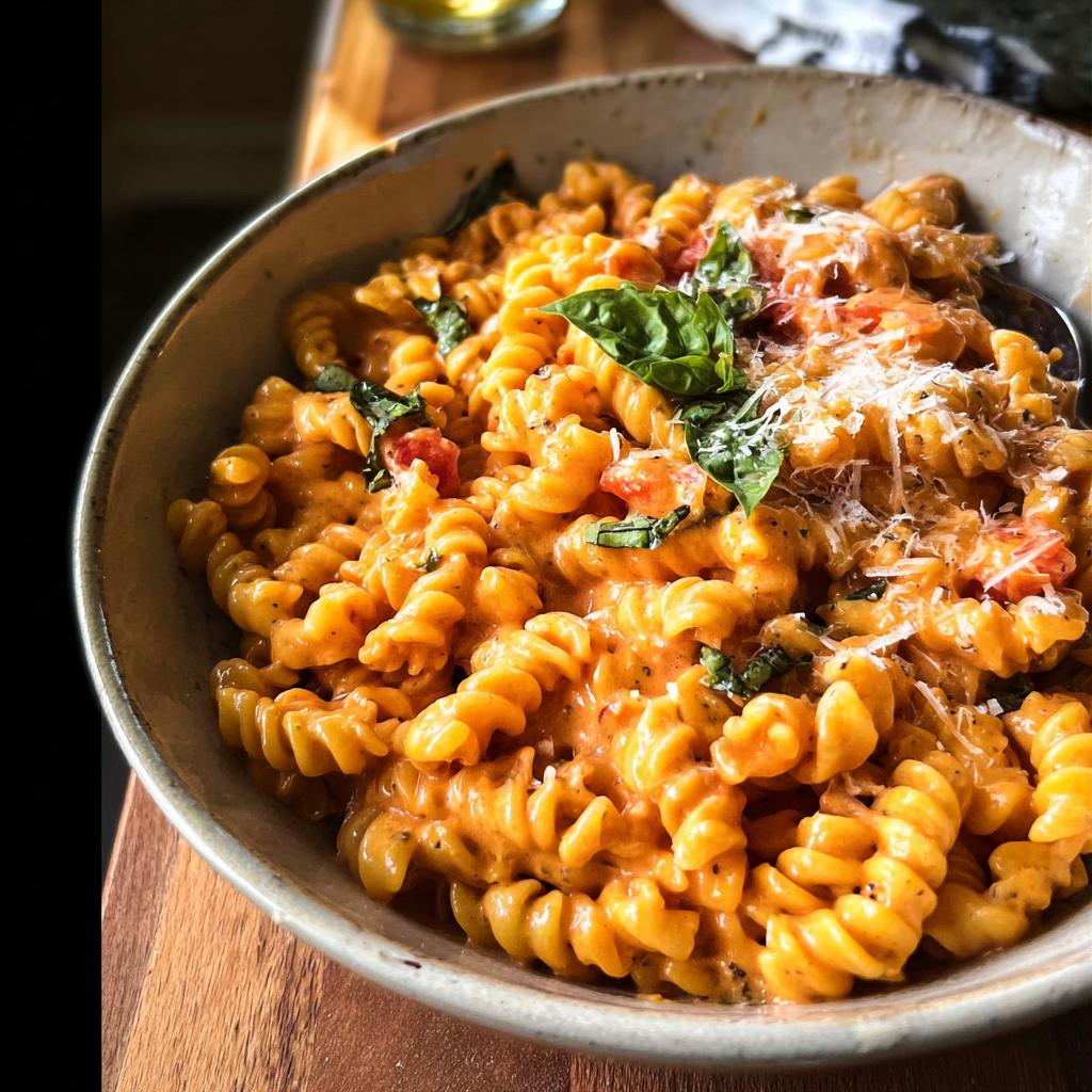 A close-up of a bowl filled with Creamy Tomato Basil Pasta, featuring fusilli noodles coated in a rich sauce, fresh basil, and grated Parmesan.