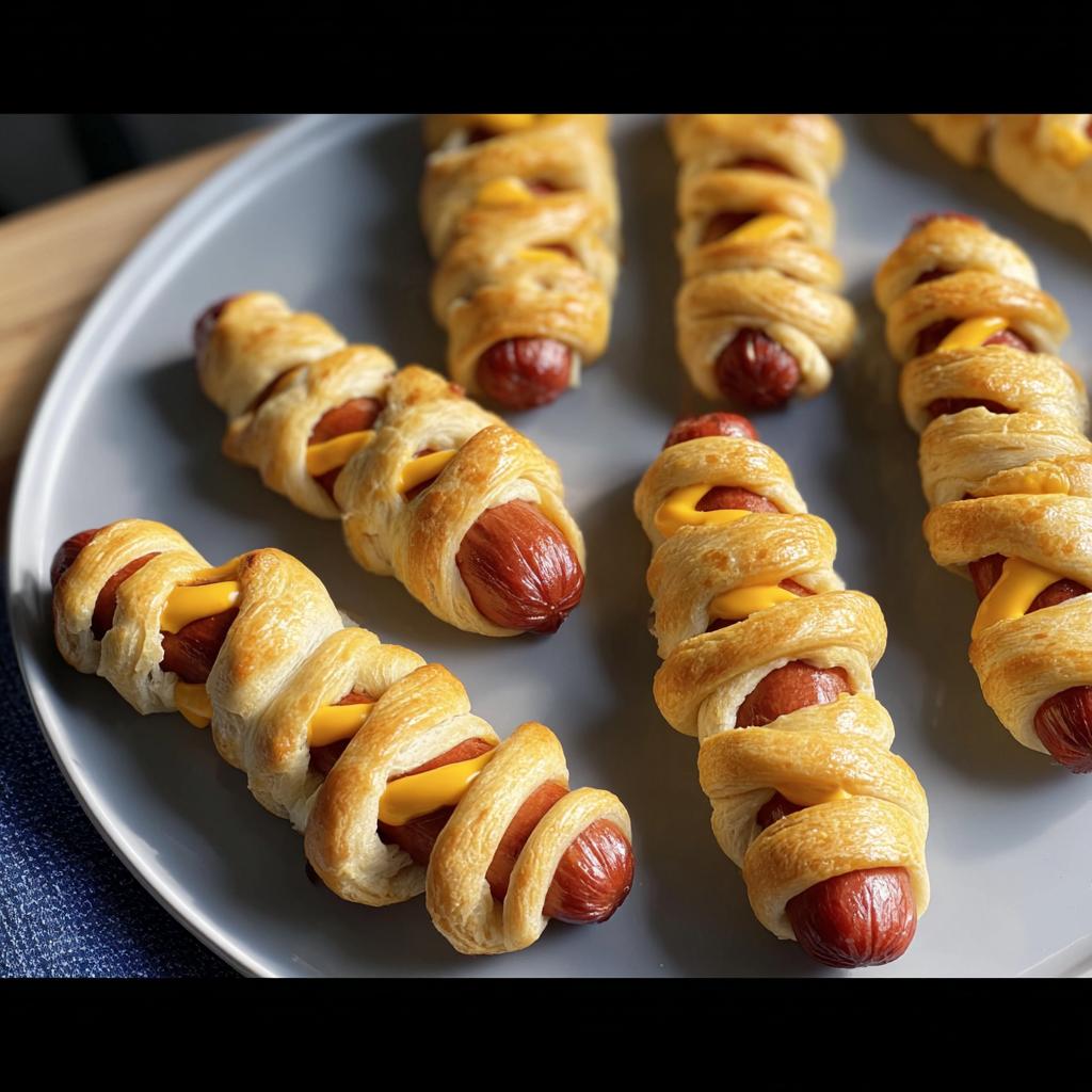 A plate of Crescent‑Wrap Mummy Dogs, featuring hot dogs wrapped in crescent dough and cheese.