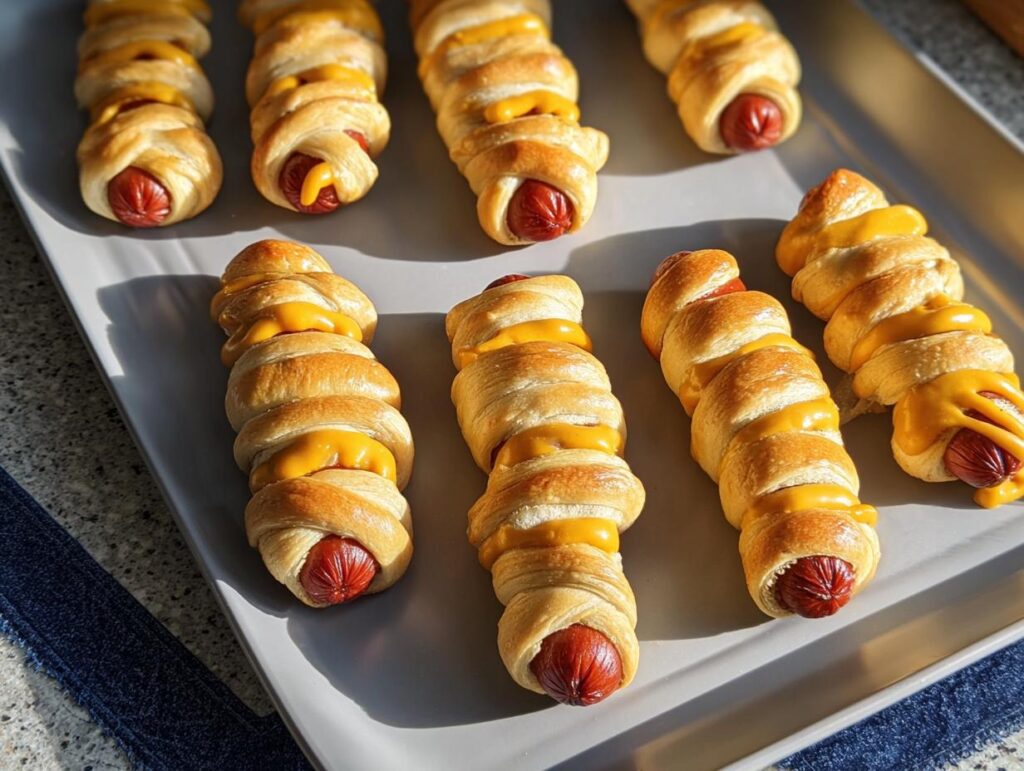 Tray of Crescent‑Wrap Mummy Dogs, baked and drizzled with cheese to resemble bandages.