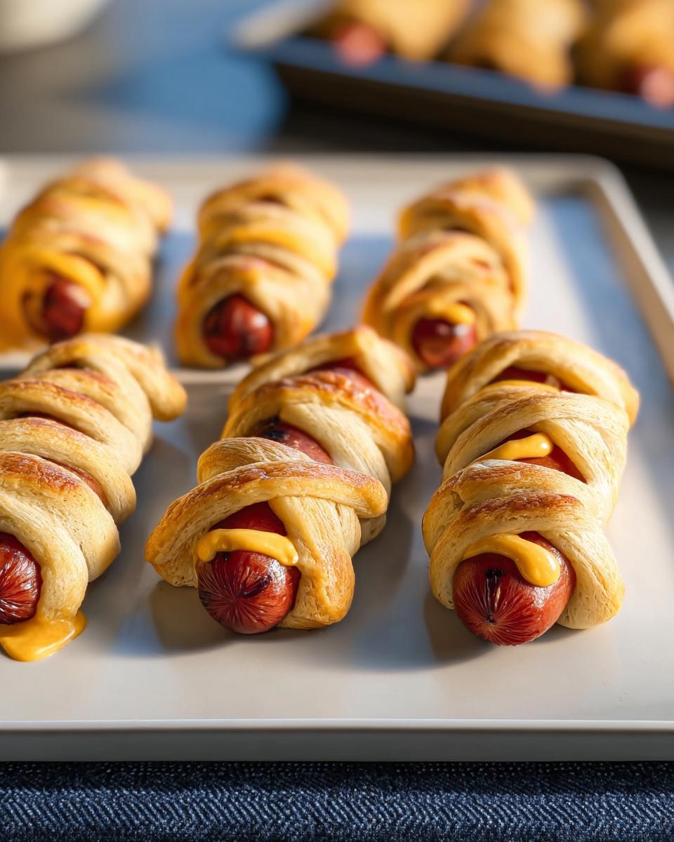 A tray of freshly baked Crescent‑Wrap Mummy Dogs, perfect for a Halloween treat or fun snack.