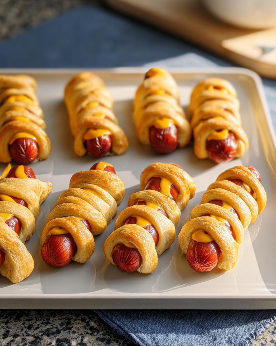 A platter of Crescent‑Wrap Mummy Dogs, featuring hot dogs wrapped in crescent dough with mustard.