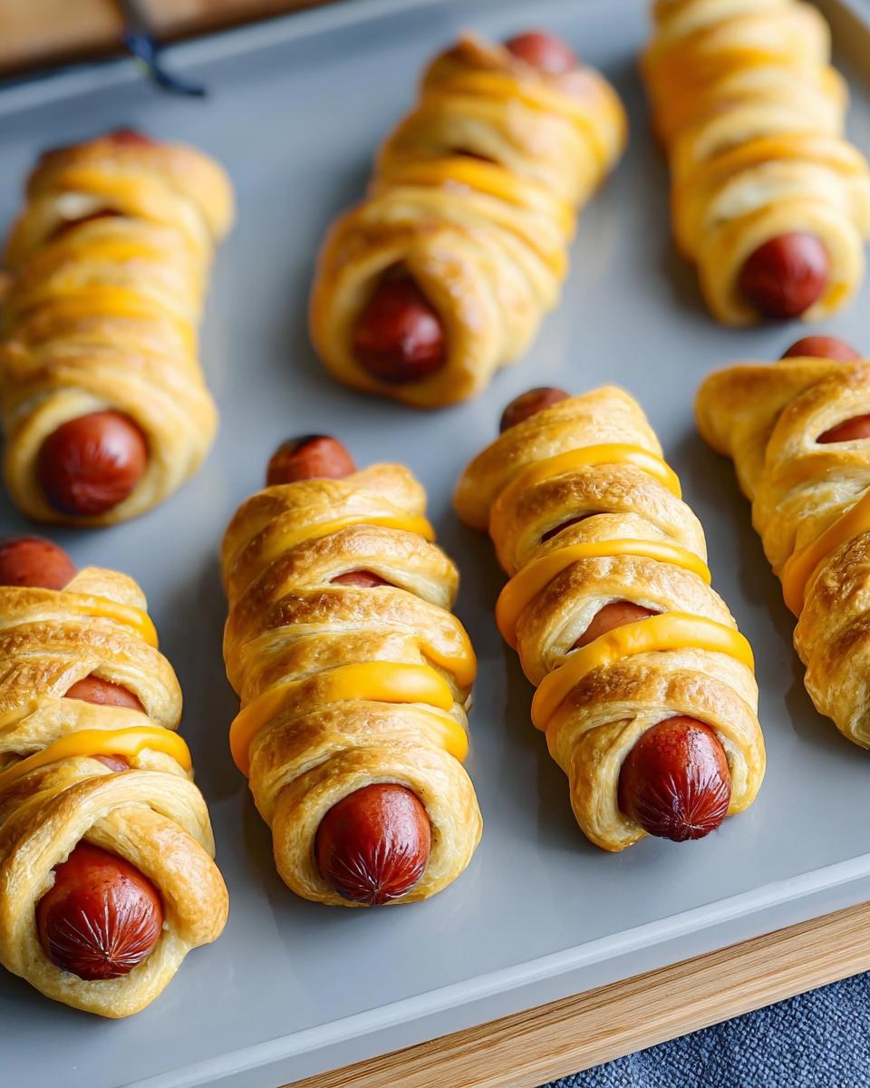 Several Crescent‑Wrap Mummy Dogs on a gray tray, baked to a golden brown with visible hot dogs.