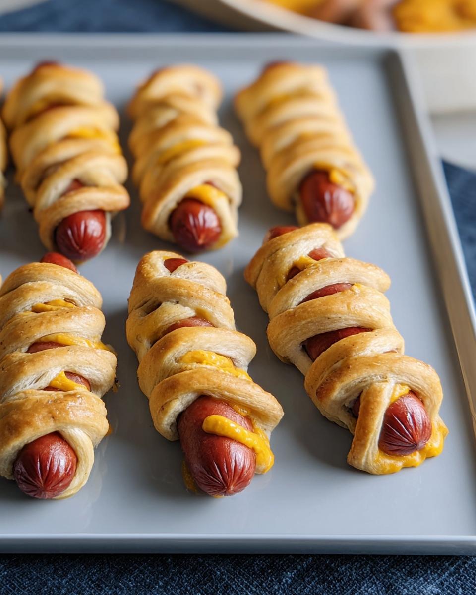 A tray of Crescent‑Wrap Mummy Dogs, featuring hot dogs wrapped in crescent dough and baked until golden brown.