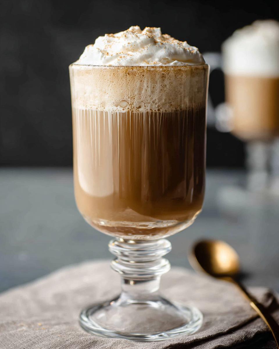 A tall glass filled with coffee and topped with whipped cream and a sprinkle of cinnamon, perfect for DIY Irish Cream.