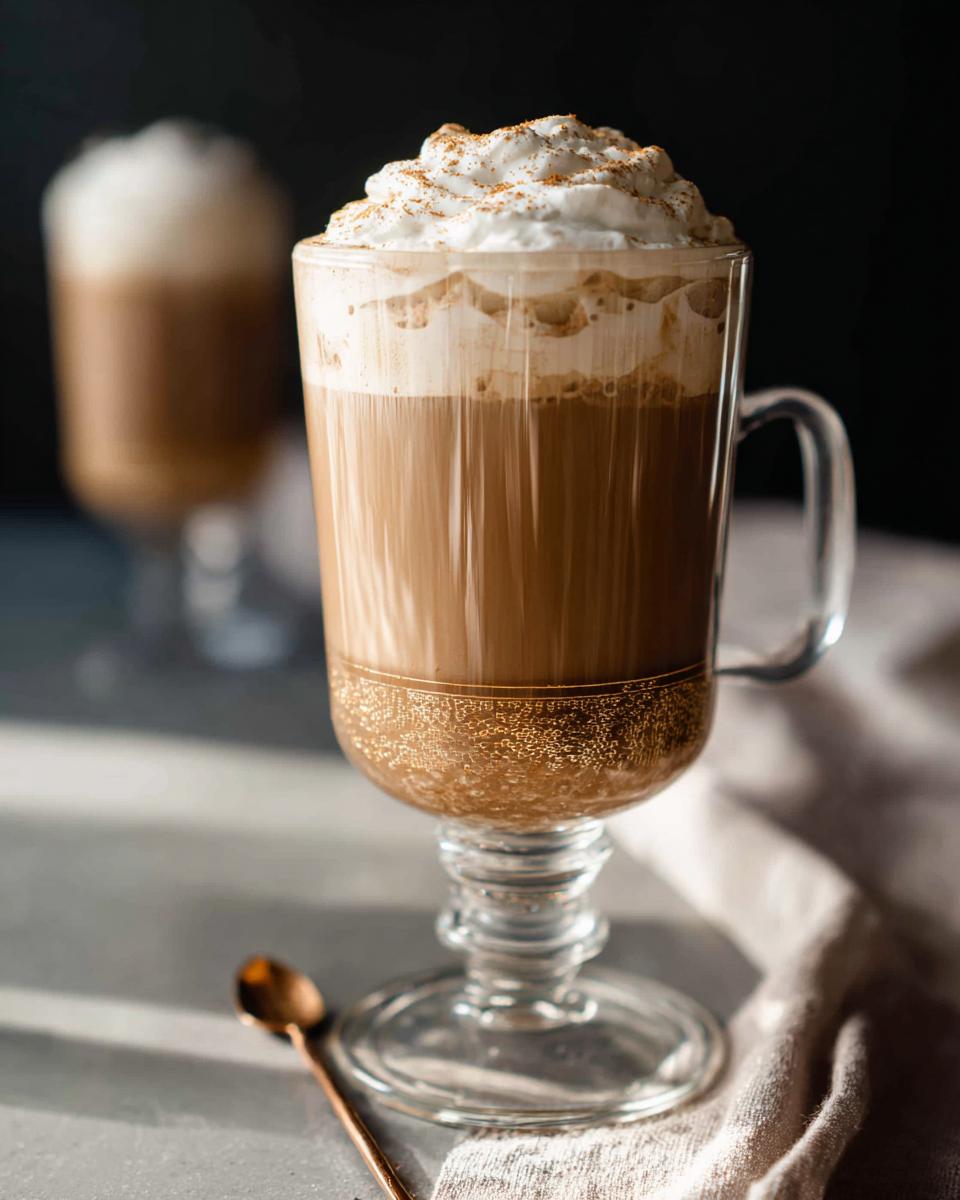 A tall glass of coffee topped with whipped cream and cinnamon, perfect for DIY Irish Cream.