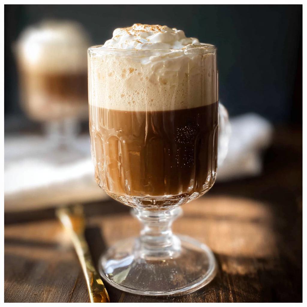 A tall glass of coffee topped with frothy cream and a sprinkle of cinnamon, made with DIY Irish Cream.