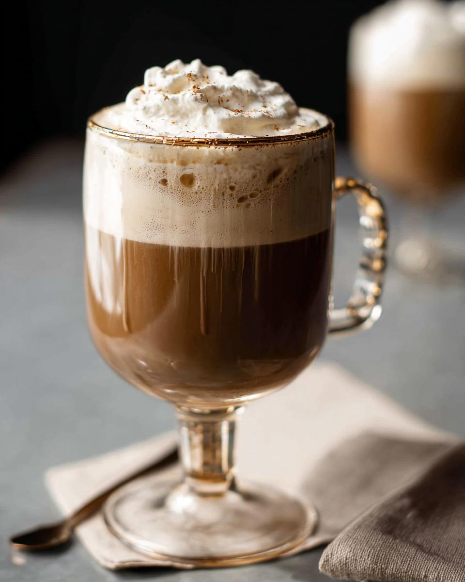 A close-up of a glass mug filled with a rich coffee drink topped with whipped cream and cinnamon, perfect for DIY Irish Cream.