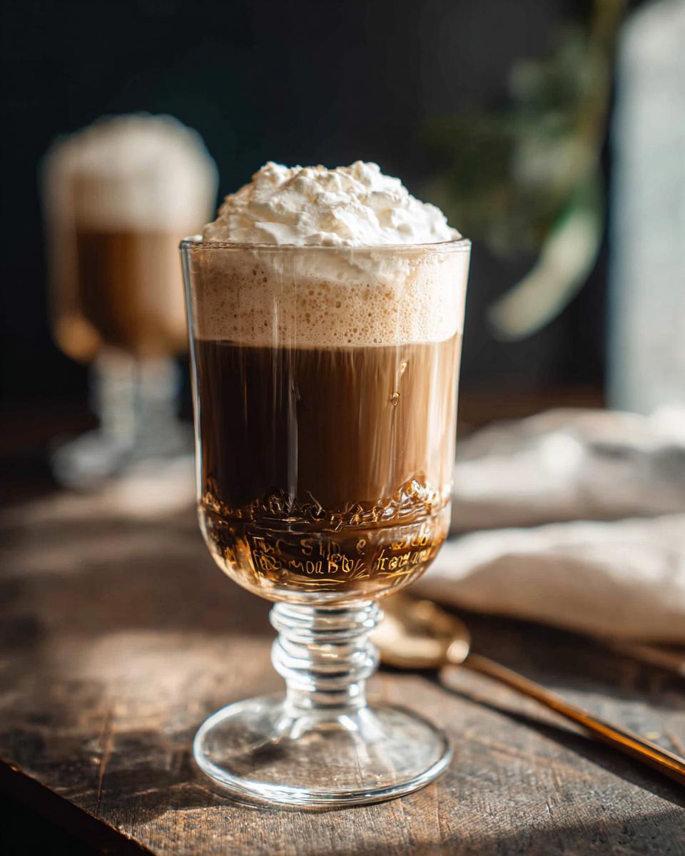 A close-up of a glass filled with coffee and topped with whipped cream, featuring DIY Irish Cream.