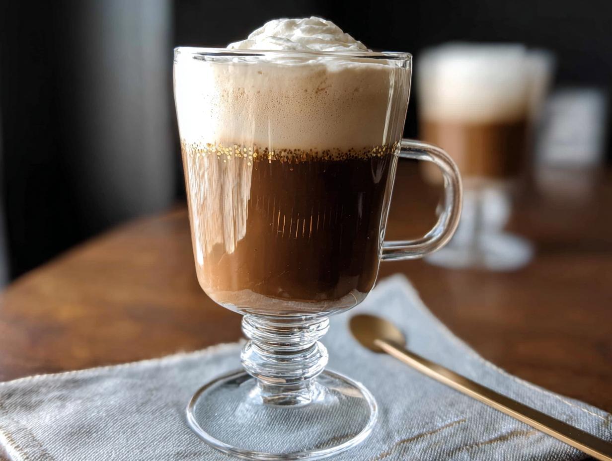 A close-up of a glass mug filled with coffee topped with whipped cream, featuring DIY Irish Cream for Coffee Lovers.