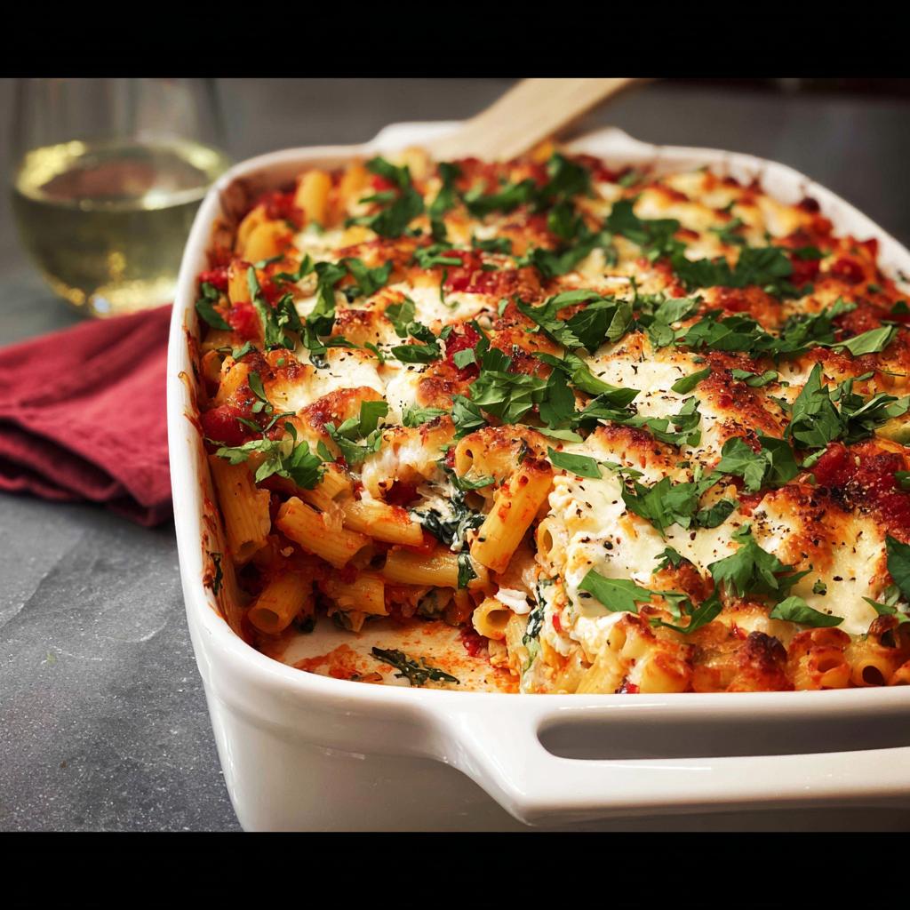 A close-up of a white baking dish filled with cheesy Easy Baked Ziti, topped with fresh parsley.
