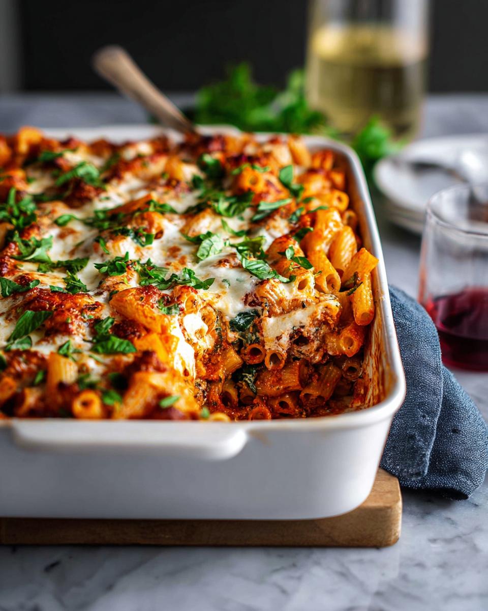 A close-up of a white baking dish filled with Easy Baked Ziti, topped with melted cheese and fresh parsley.