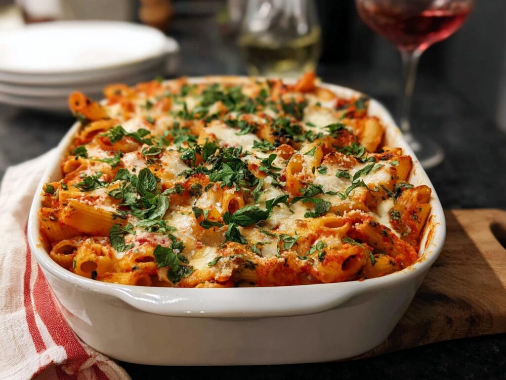 A close-up of a white baking dish filled with Easy Baked Ziti, topped with melted mozzarella cheese and fresh parsley.