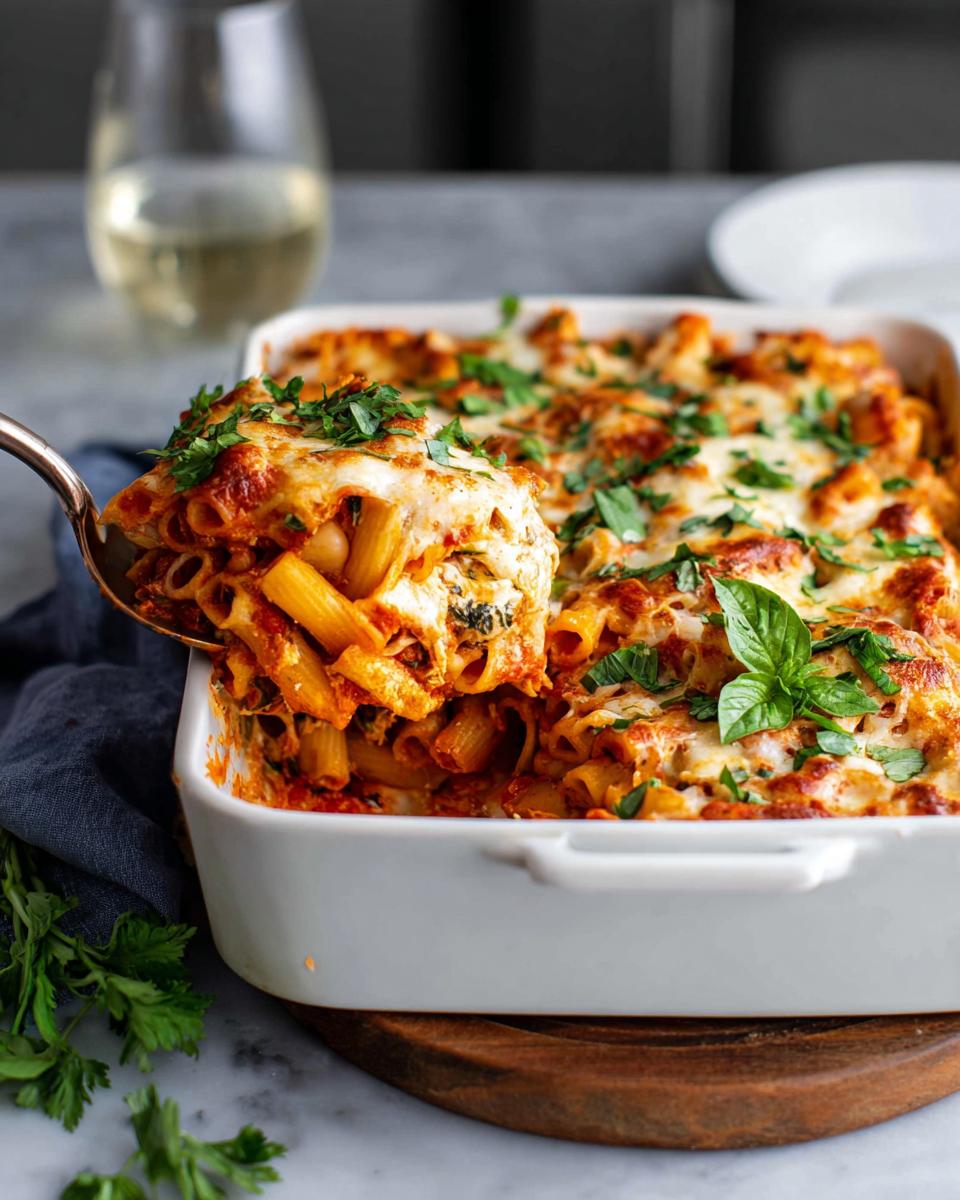 A serving spoon lifting a portion of cheesy Easy Baked Ziti from a white baking dish, garnished with fresh parsley and basil.