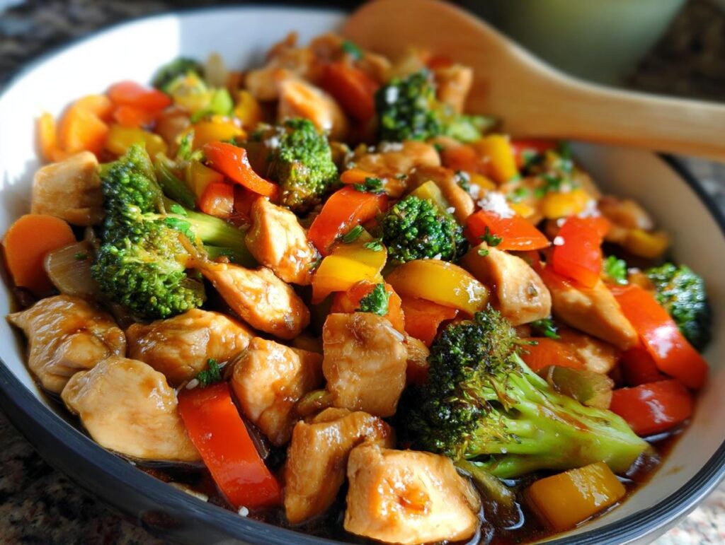 A close-up of a bowl filled with Easy Chicken Stir Fry with Veggies, featuring tender chicken pieces, broccoli florets, bell peppers, and carrots in a savory sauce.