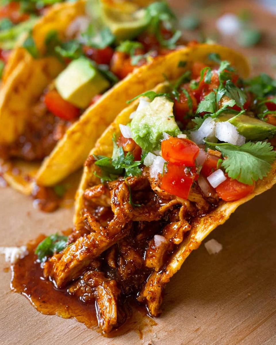 Close-up of delicious easy chicken tacos filled with shredded chicken, avocado, tomatoes, onions, and cilantro.