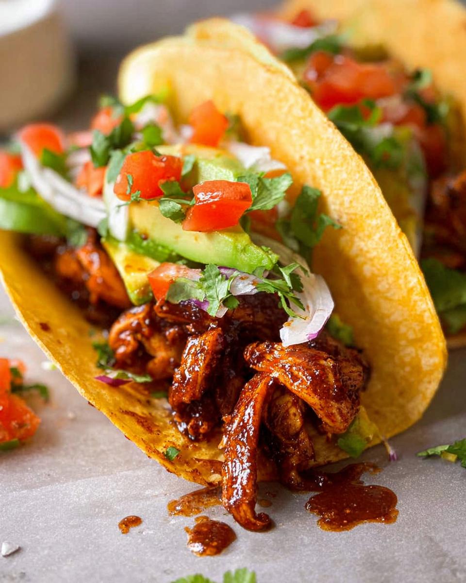 Close-up of a delicious Easy Chicken Taco filled with shredded chicken, avocado, tomatoes, onions, and cilantro.