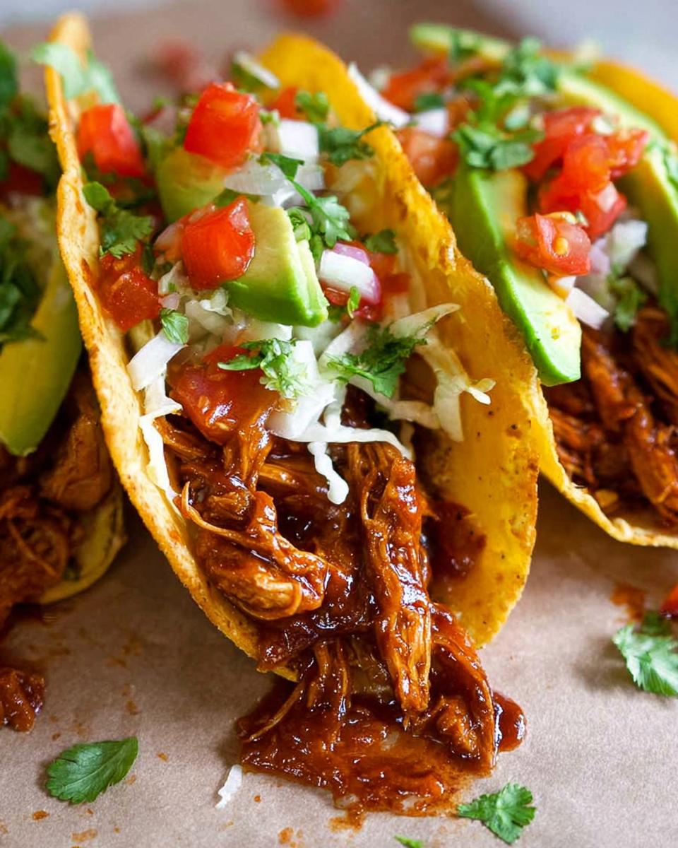 Close-up of three Easy Chicken Tacos filled with shredded chicken, salsa, avocado, and cilantro.
