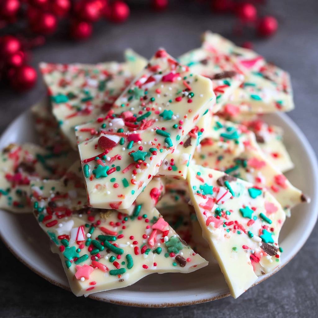 A pile of broken pieces of Easy Christmas Candy Bark topped with red, green, and white festive sprinkles.