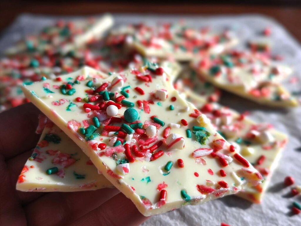 Close-up of white chocolate Easy Christmas Candy Bark topped with red, green, and white sprinkles and crushed candy canes.