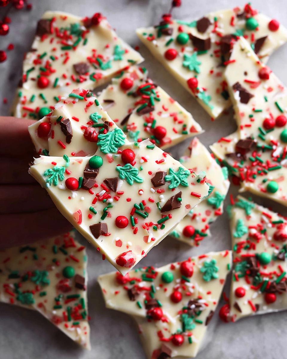 Close-up of triangular pieces of white Easy Christmas Candy Bark topped with red and green sprinkles, chocolate chunks, and festive tree shapes.