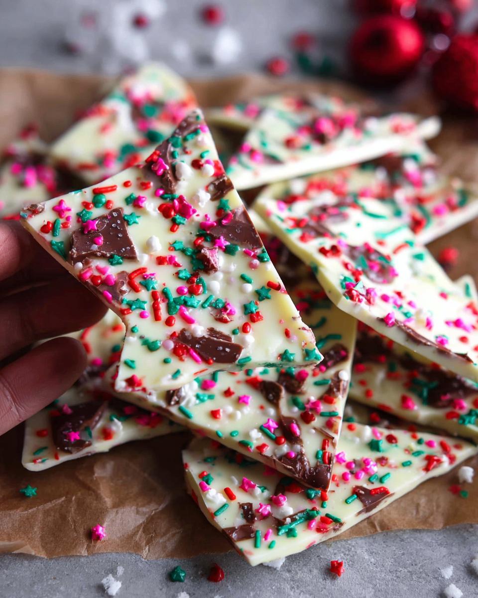 A hand holding a piece of Easy Christmas Candy Bark, topped with colorful sprinkles and chocolate chunks.
