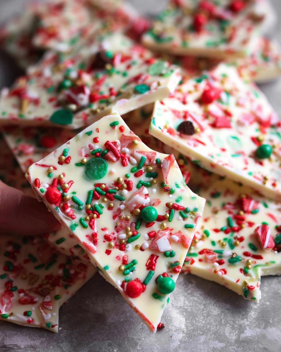 Close-up of Easy Christmas Candy Bark with white chocolate, crushed candy canes, and festive sprinkles.
