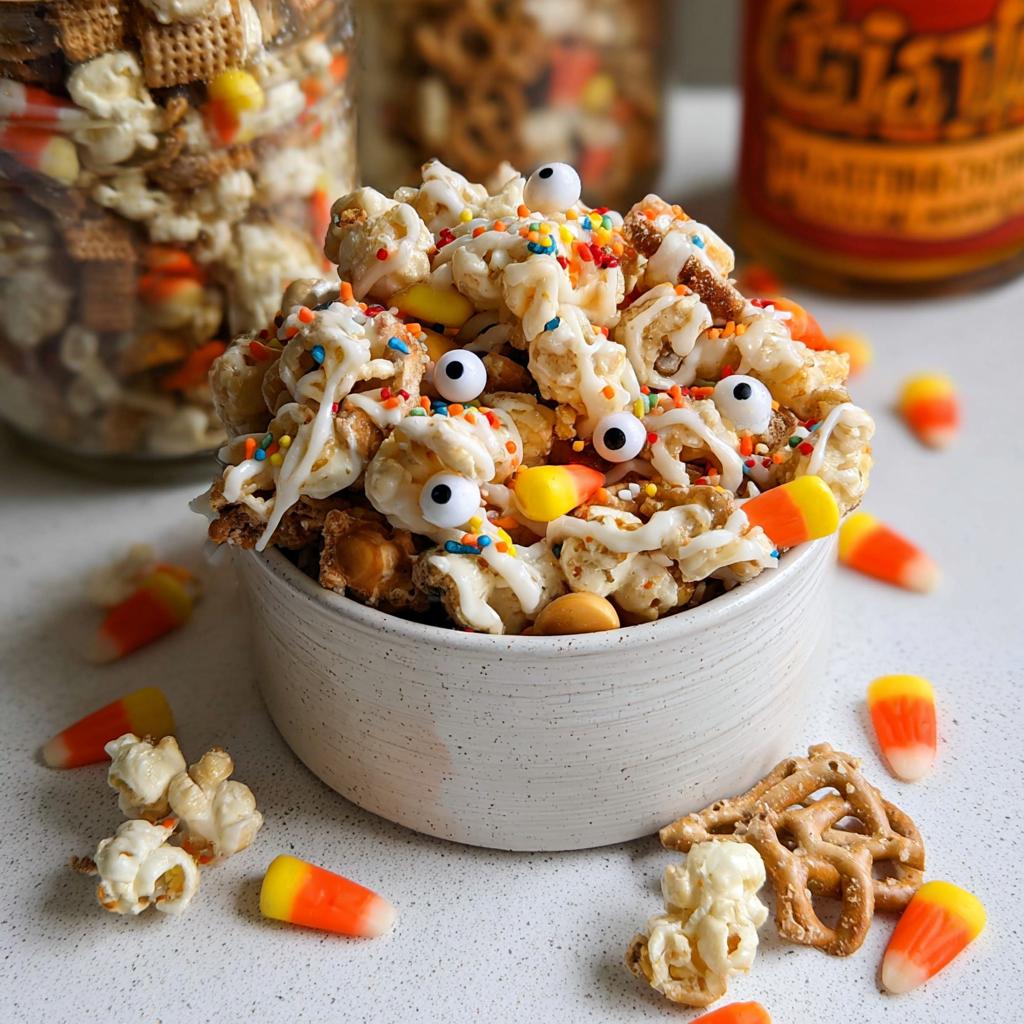 A festive bowl of Easy Halloween Cereal Snack Mix, featuring popcorn, candy corn, pretzels, and candy eyeballs.