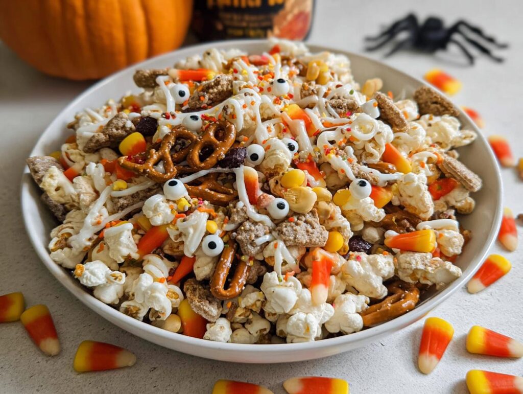 A bowl overflowing with Easy Halloween Cereal Snack Mix, featuring popcorn, pretzels, candy corn, and candy eyeballs.