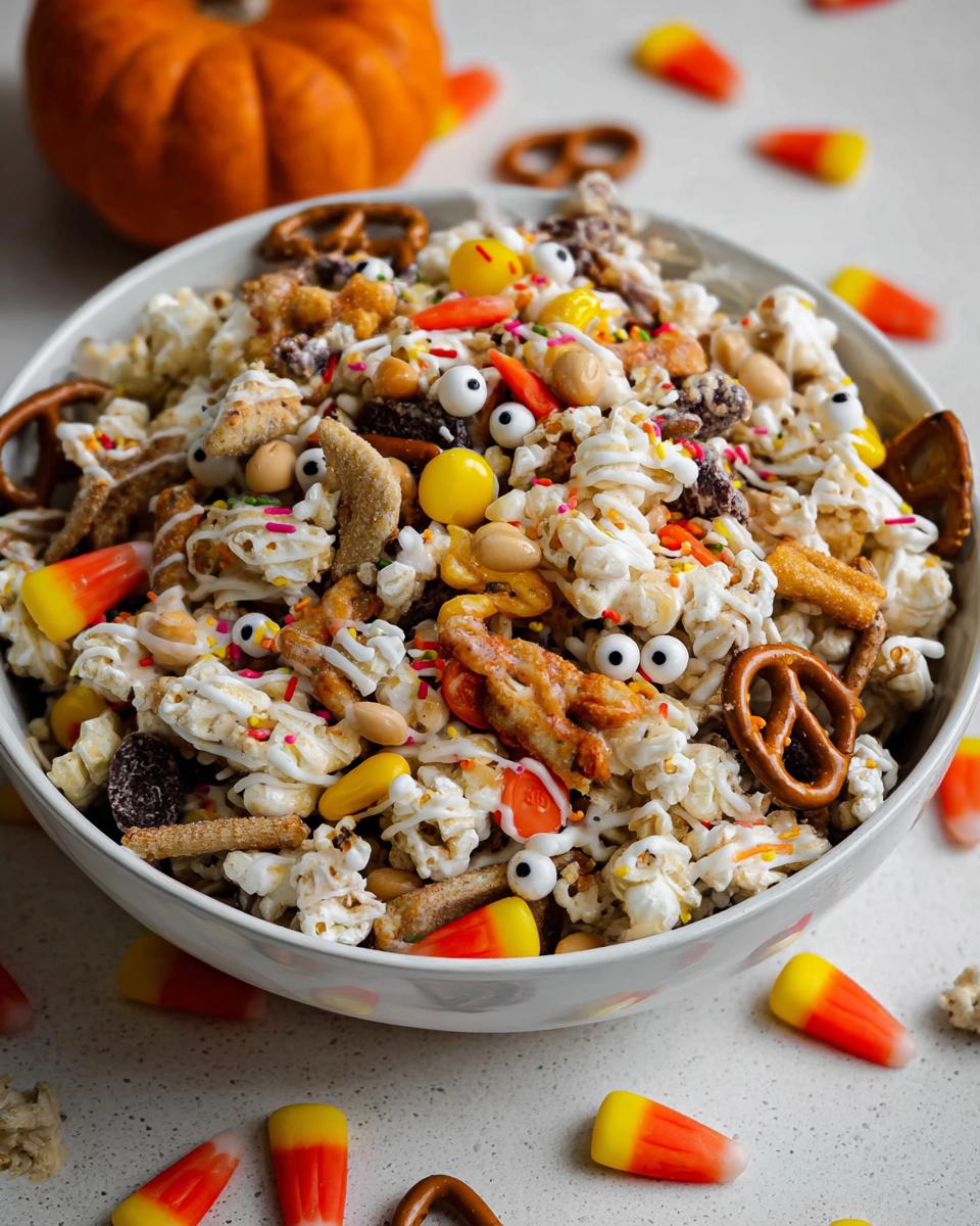 A bowl overflowing with Easy Halloween Cereal Snack Mix, featuring popcorn, pretzels, candy corn, and candy eyes.