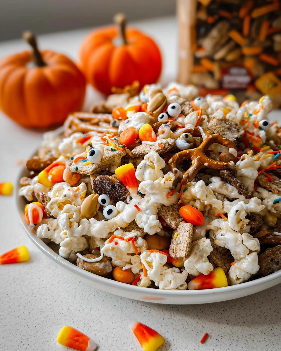 A festive bowl filled with Easy Halloween Cereal Snack Mix, featuring popcorn, pretzels, candy corn, and candy eyes.