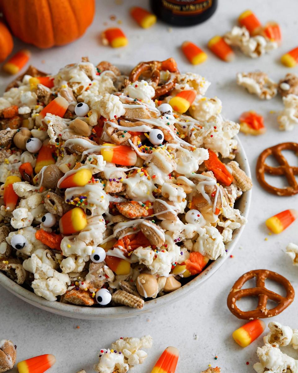 A bowl overflowing with an Easy Halloween Cereal Snack Mix, featuring popcorn, pretzels, candy corn, and candy eyeballs.