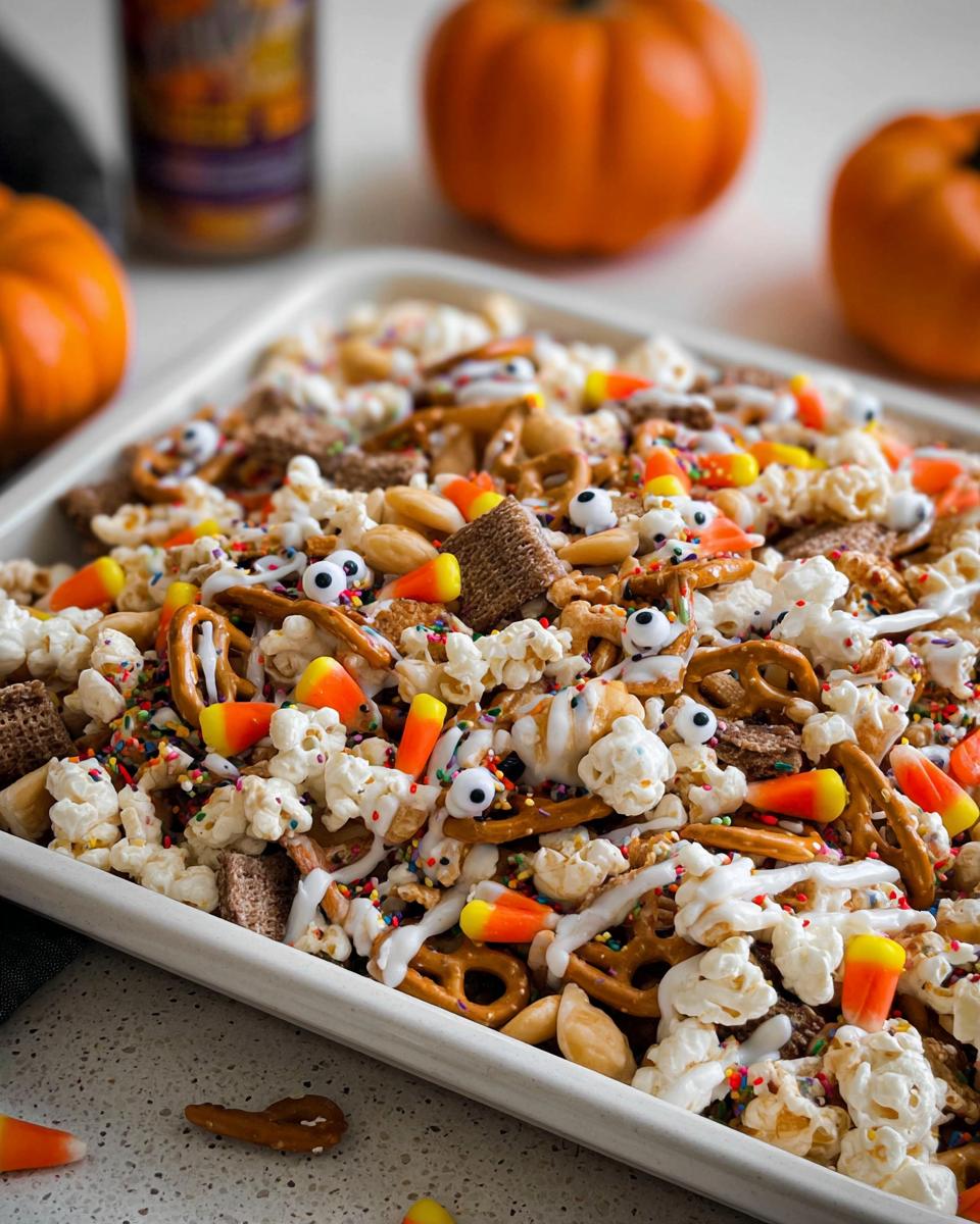 A festive platter of Easy Halloween Cereal Snack Mix featuring popcorn, pretzels, candy corn, and candy eyes.