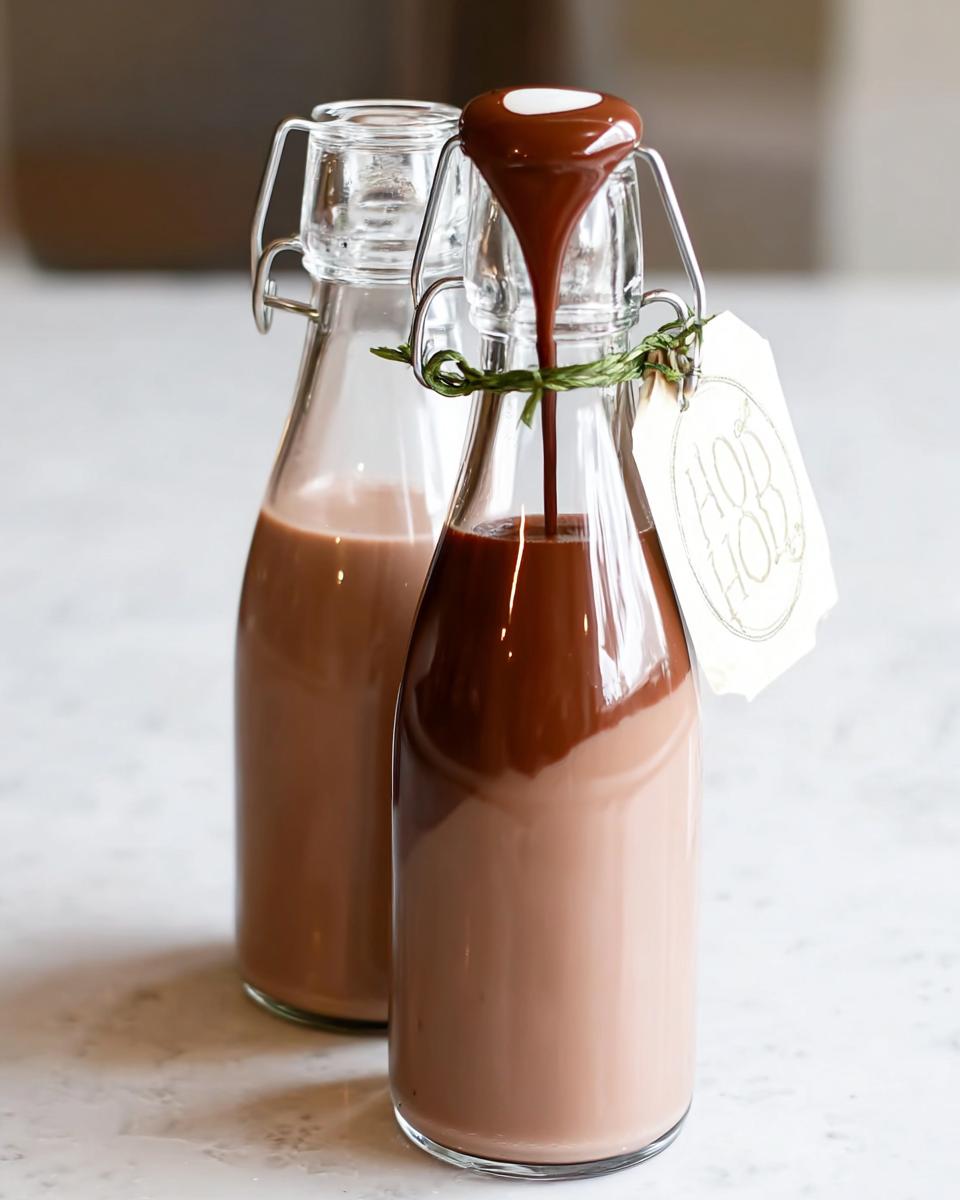 Two bottles of homemade Irish Cream liqueur, one being poured with chocolate syrup, ready for gifting.