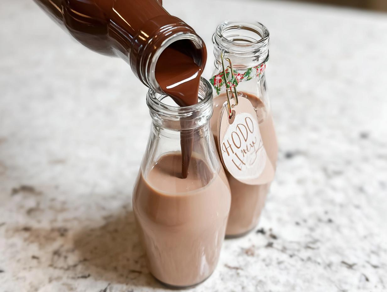 Pouring rich chocolate liquid into a glass bottle as part of an Easy Holiday Irish Cream Recipe for Gifting.