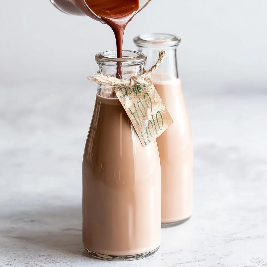 Pouring chocolate liquid into a bottle filled with Irish Cream for an Easy Holiday Irish Cream Recipe for Gifting.