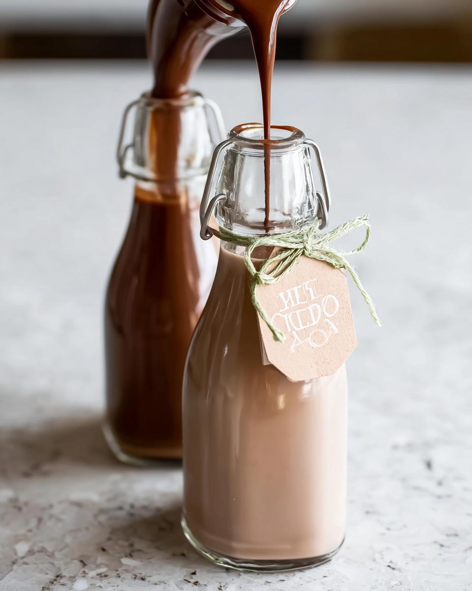 Pouring chocolate syrup into a bottle of Irish Cream, perfect for an Easy Holiday Irish Cream Recipe for Gifting.