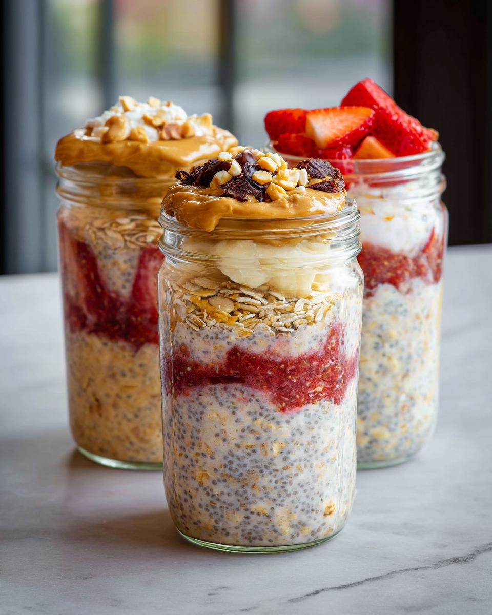 Three glass jars filled with layered Easy Overnight Oats, topped with fruit, peanut butter, and nuts.