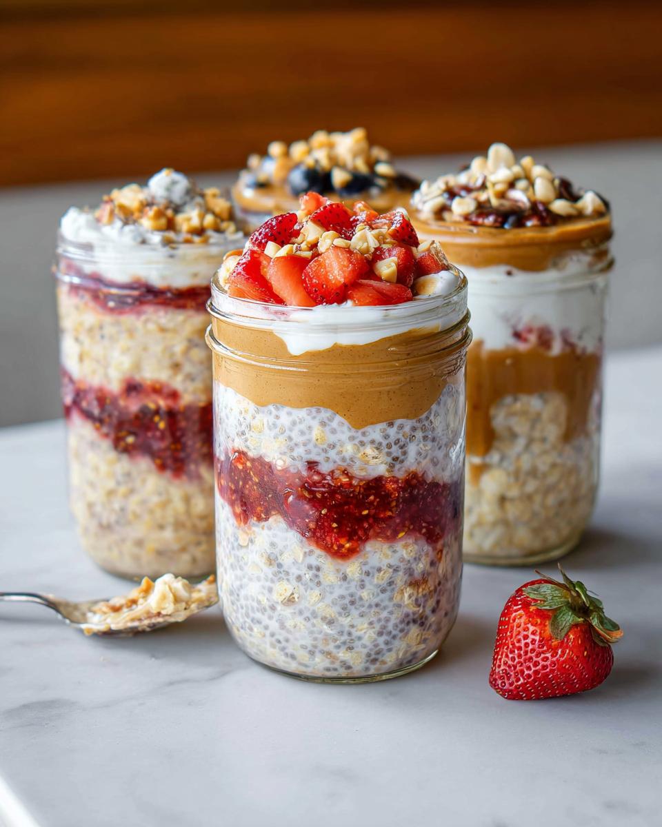 Four jars filled with layered Easy Overnight Oats, topped with peanut butter, yogurt, strawberries, and nuts.