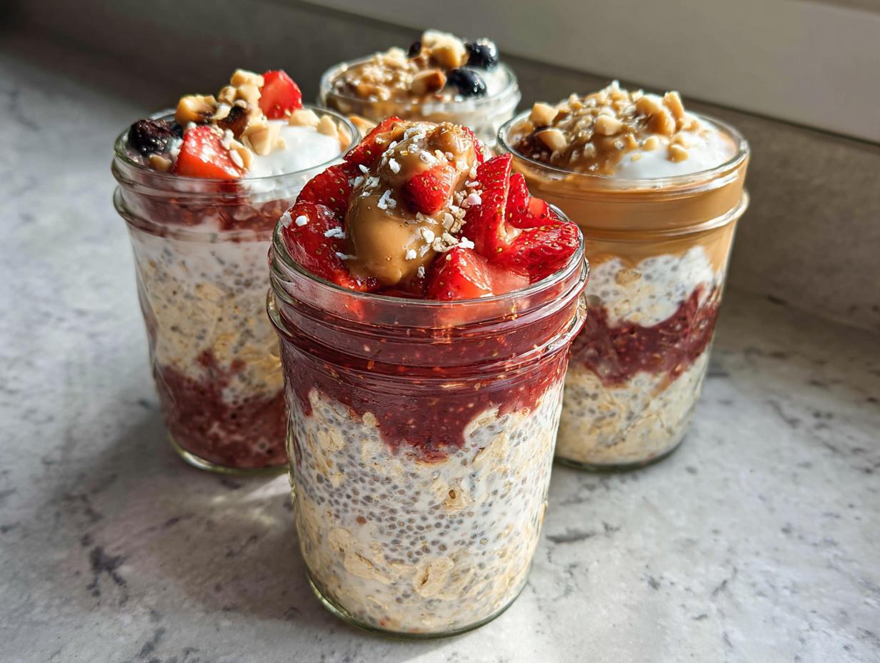 Four mason jars filled with Easy Overnight Oats, topped with fruit, yogurt, and peanut butter.