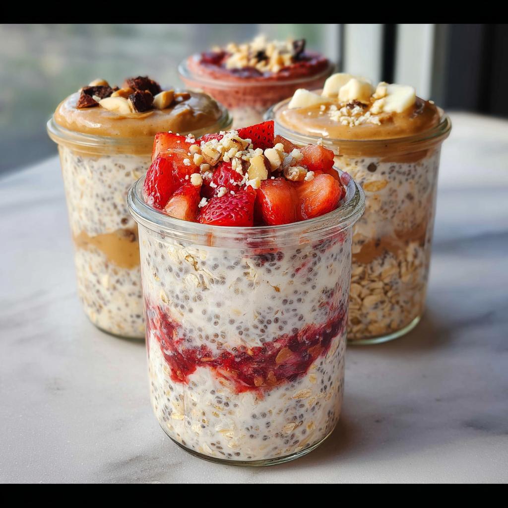 Four jars of easy overnight oats, topped with strawberries, peanut butter, nuts, and banana slices.
