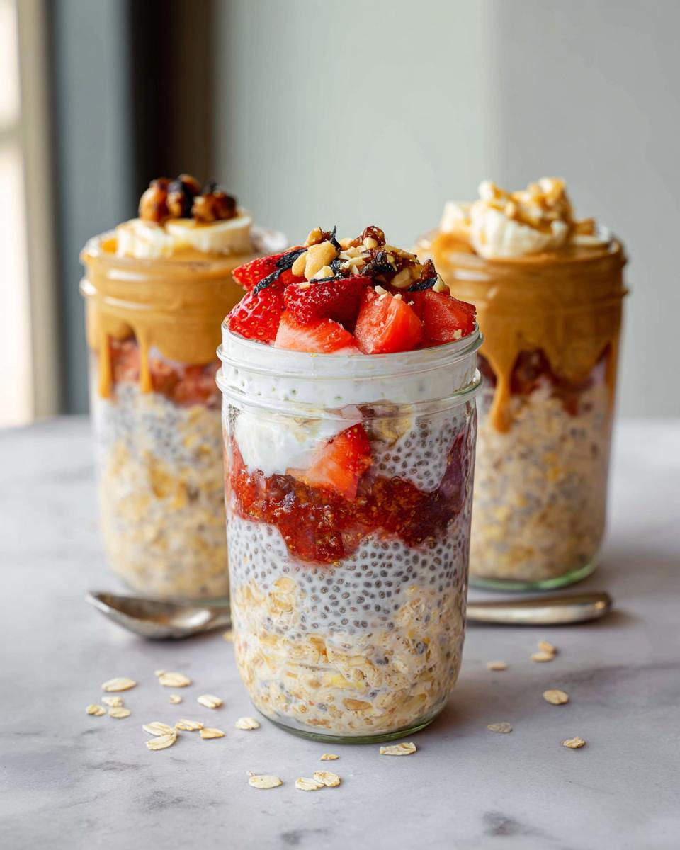 Three jars of easy overnight oats layered with chia seeds, yogurt, and strawberries, topped with nuts and fruit.