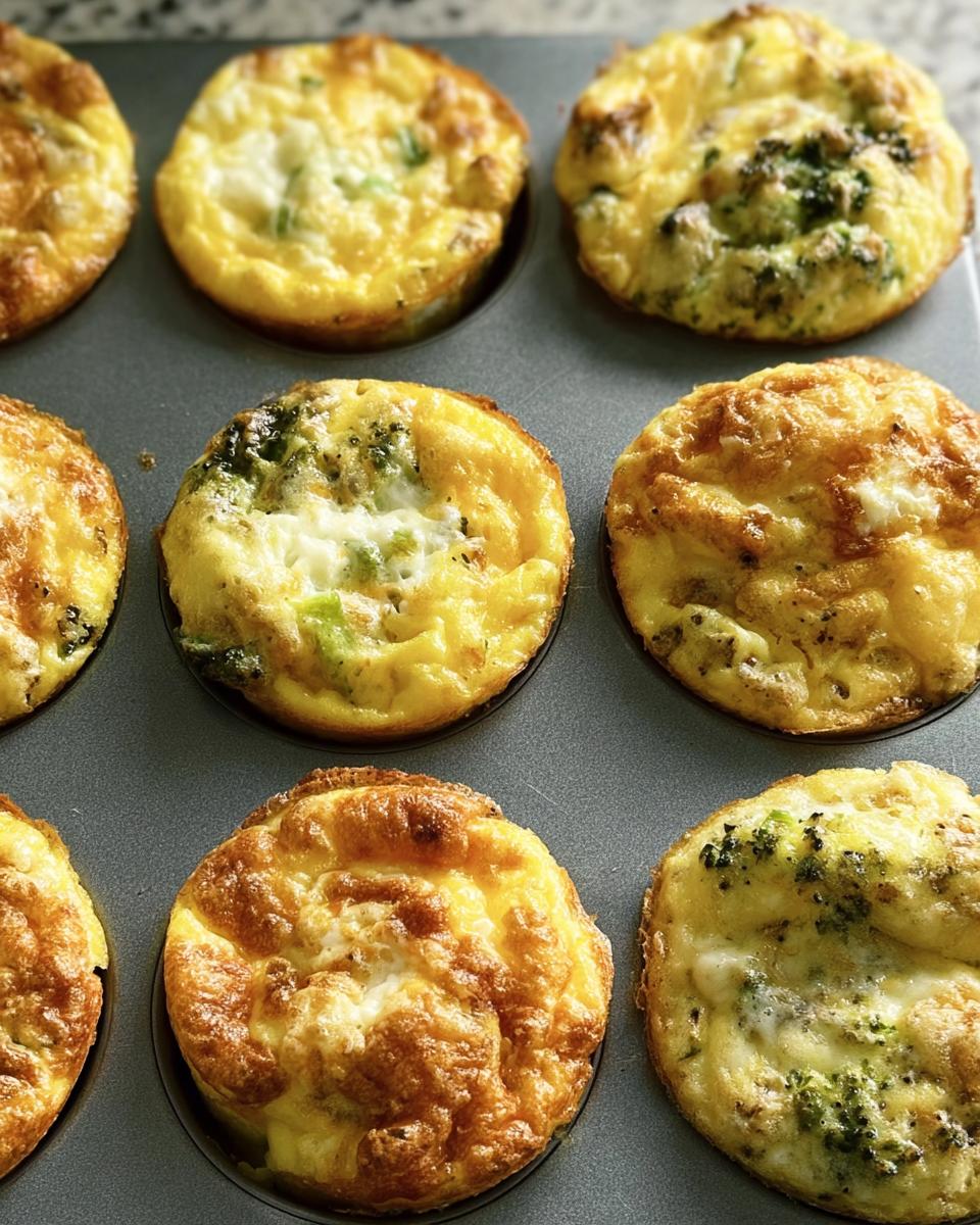 Close-up of golden brown egg muffins with visible broccoli florets baked in a muffin tin, perfect for meal prep.
